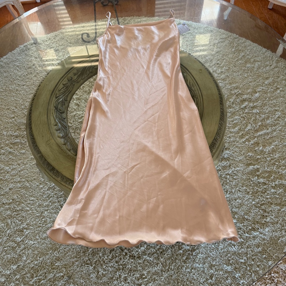 Bebe Gold Satin Draped Neck Slip Tea Length Dress NWT Size XS Party Cocktail - Picture 4 of 9